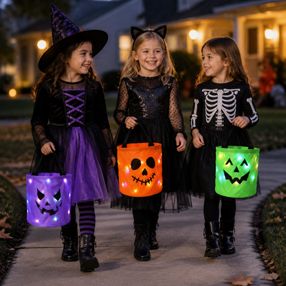 LED Halloween Trick-or-Treat Candy Bucket – Reusable Light-Up Tote Bag