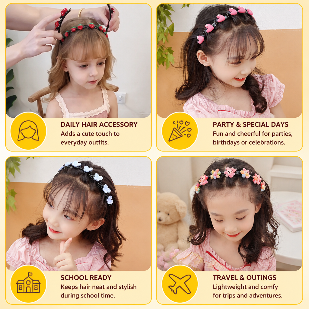 Cute Hair Clips & Bands for Girls with Flower, Strawberry & Rainbow Charms