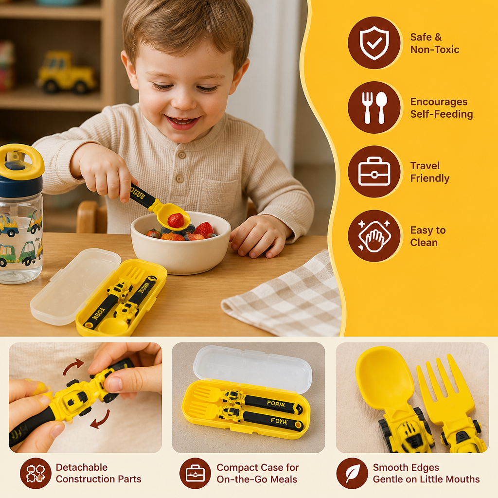 3-Piece Construction Vehicle Kids’ Utensil Set with Spoon, Fork & Travel Case