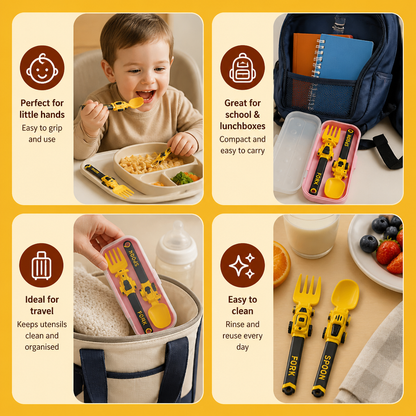 3-Piece Construction Vehicle Kids’ Utensil Set with Spoon, Fork & Travel Case