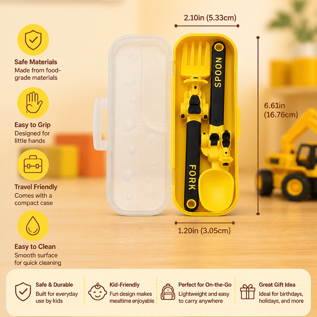 3-Piece Construction Vehicle Kids’ Utensil Set with Spoon, Fork & Travel Case