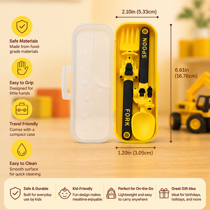 3-Piece Construction Vehicle Kids’ Utensil Set with Spoon, Fork & Travel Case