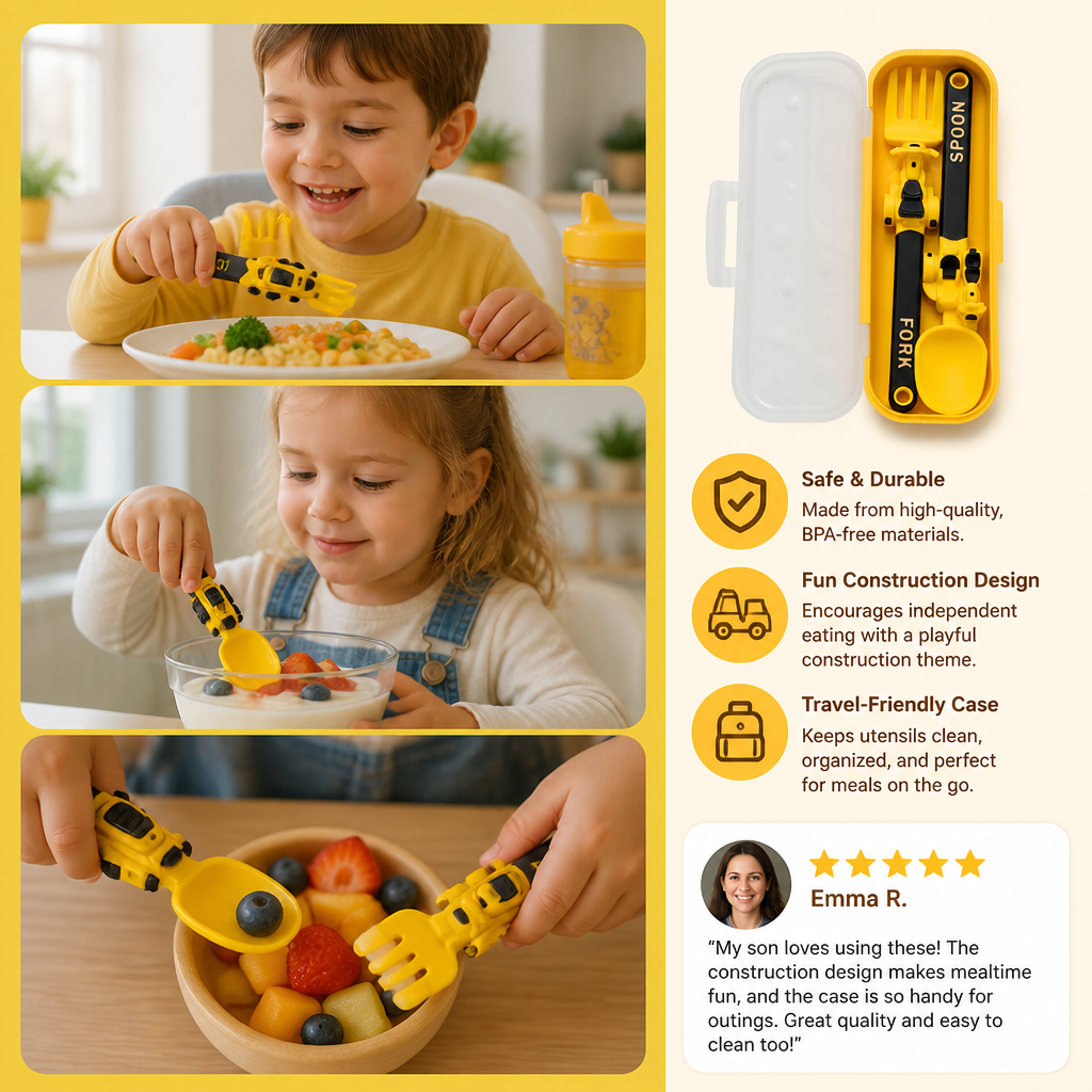 3-Piece Construction Vehicle Kids’ Utensil Set with Spoon, Fork & Travel Case