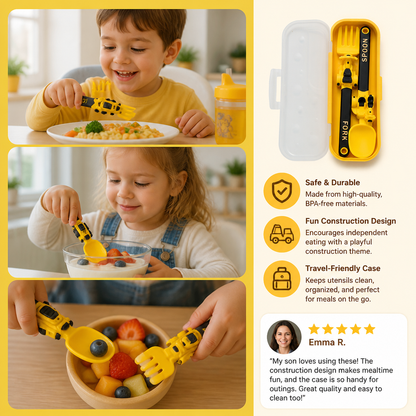 3-Piece Construction Vehicle Kids’ Utensil Set with Spoon, Fork & Travel Case