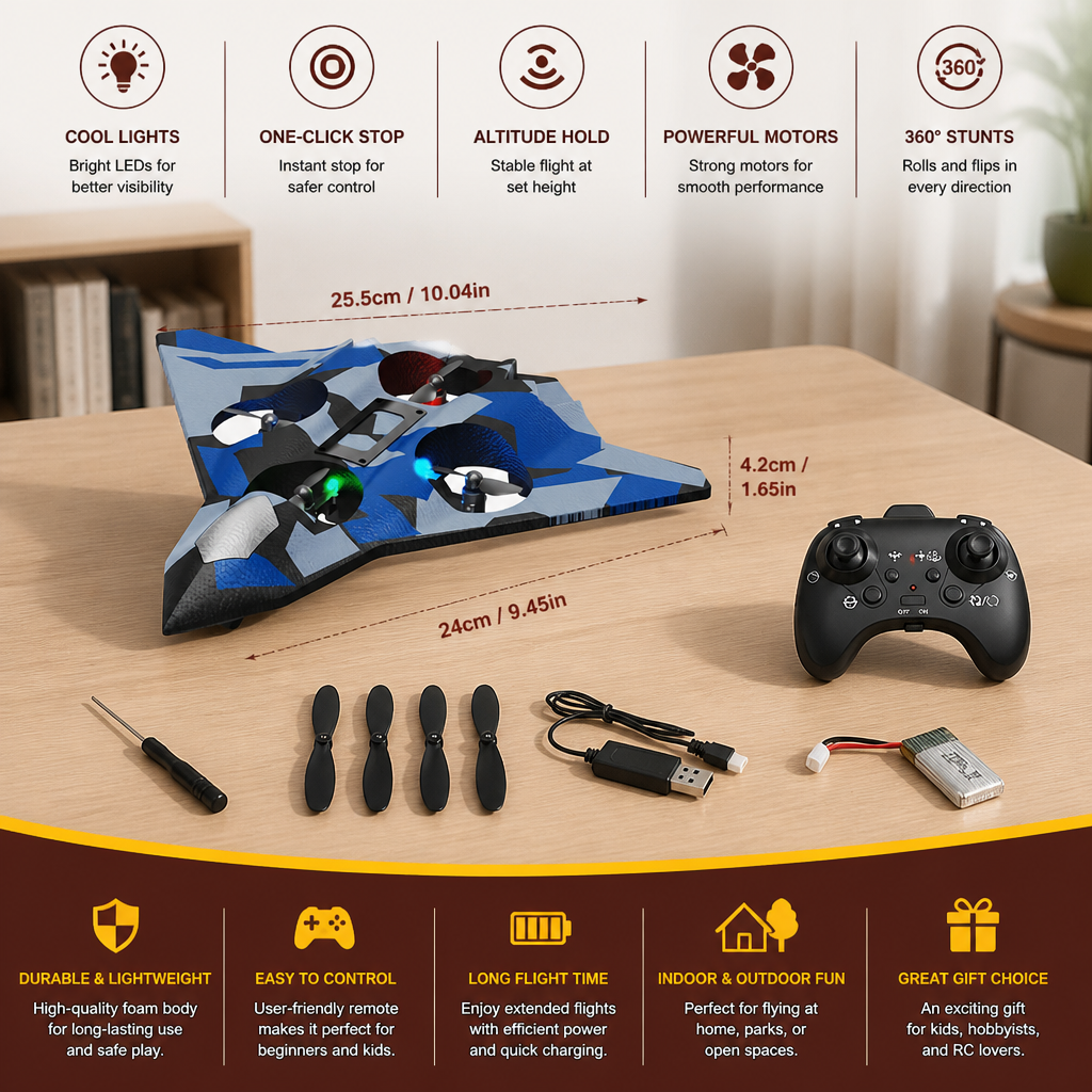 Durable Foam RC Fighter Plane with Altitude Hold & 360° Stunt Rolls