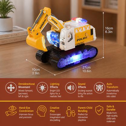 Transforming Police Robot Excavator Toy with Lights & Sounds