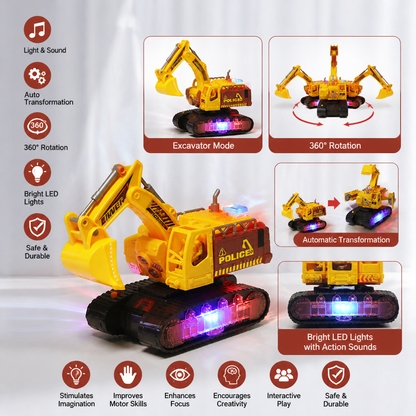 Transforming Police Robot Excavator Toy with Lights & Sounds