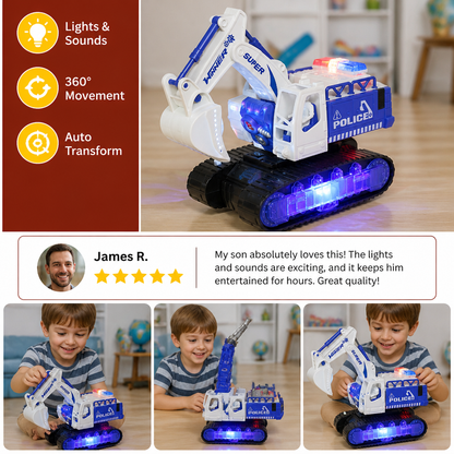 Transforming Police Robot Excavator Toy with Lights & Sounds