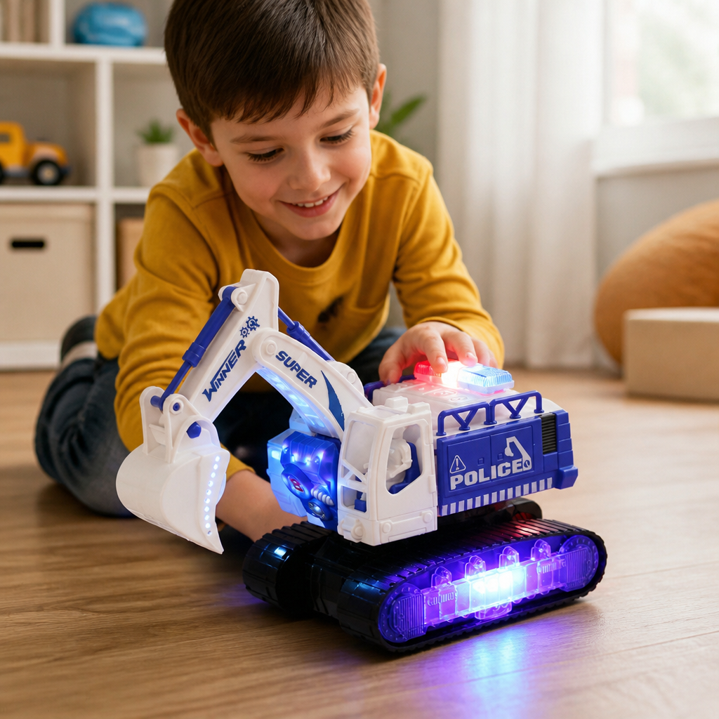 Transforming Police Robot Excavator Toy with Lights & Sounds