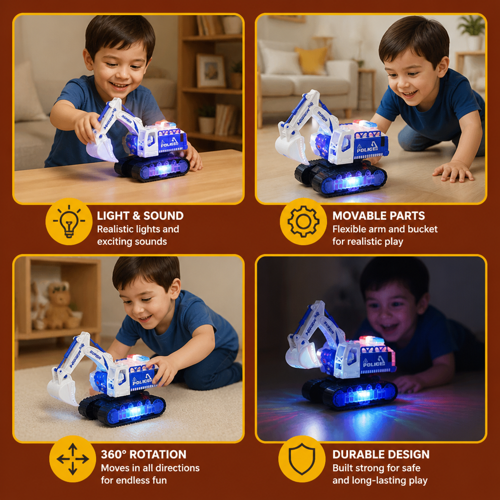 Transforming Police Robot Excavator Toy with Lights & Sounds