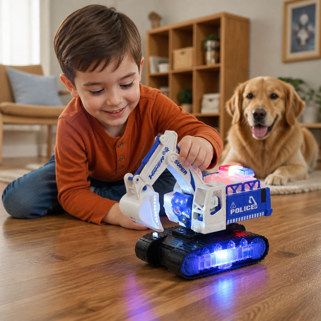 Transforming Police Robot Excavator Toy with Lights & Sounds