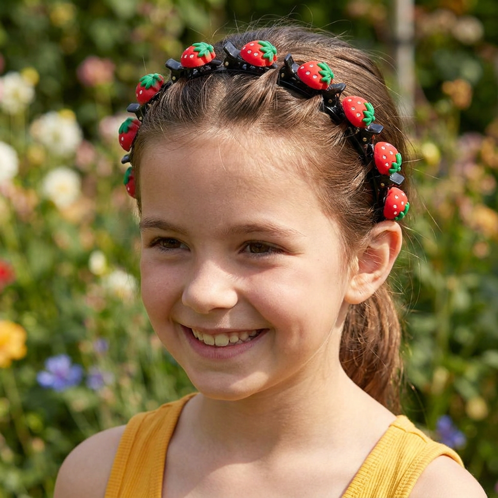 Cute Hair Clips & Bands for Girls with Flower, Strawberry & Rainbow Charms