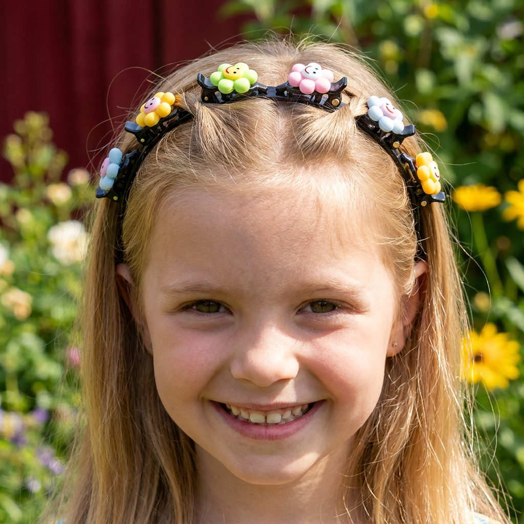 Cute Hair Clips & Bands for Girls with Flower, Strawberry & Rainbow Charms