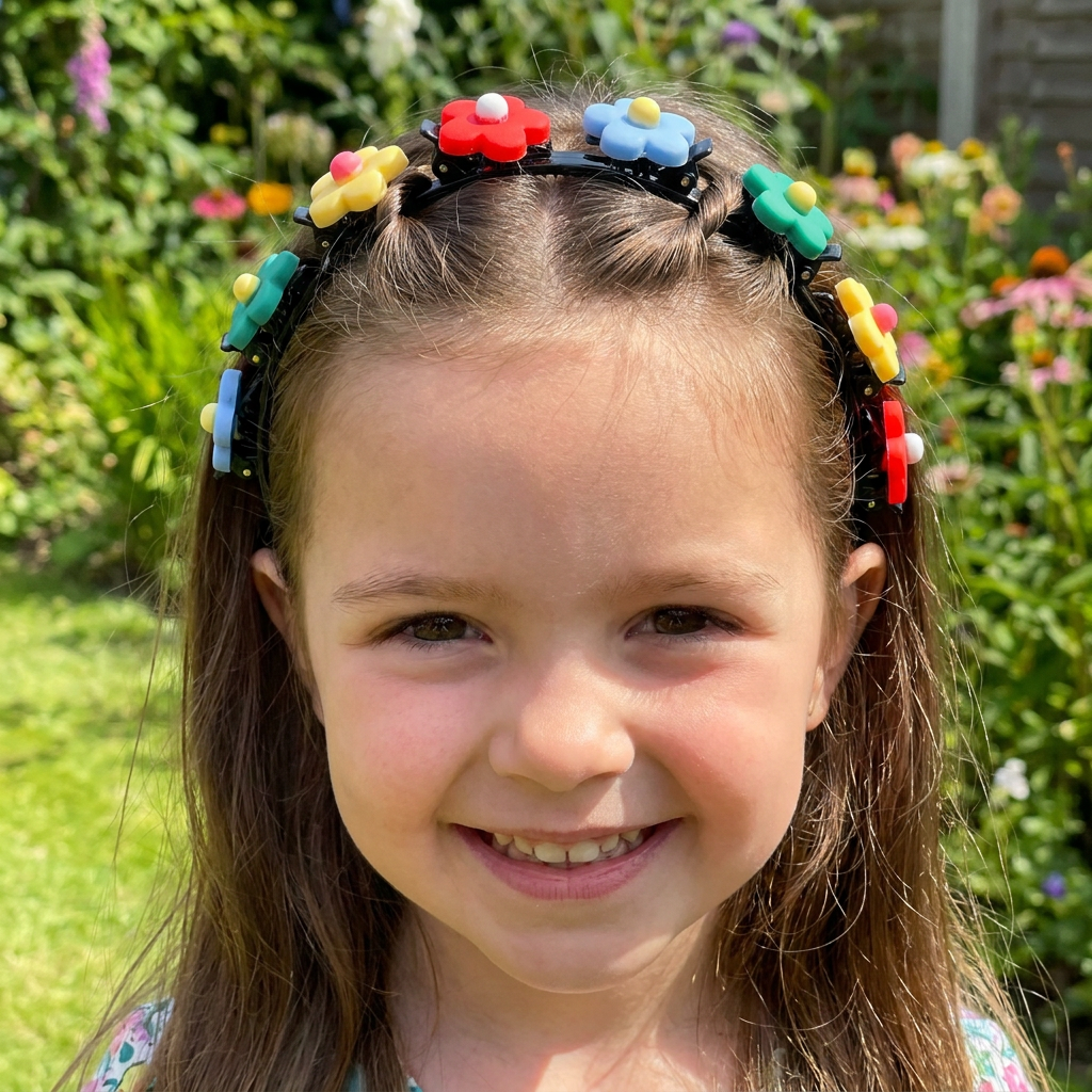 Cute Hair Clips & Bands for Girls with Flower, Strawberry & Rainbow Charms