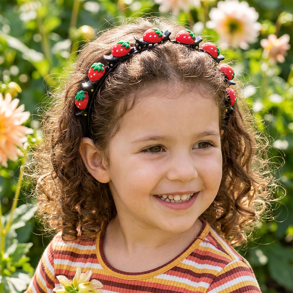 Cute Hair Clips & Bands for Girls with Flower, Strawberry & Rainbow Charms