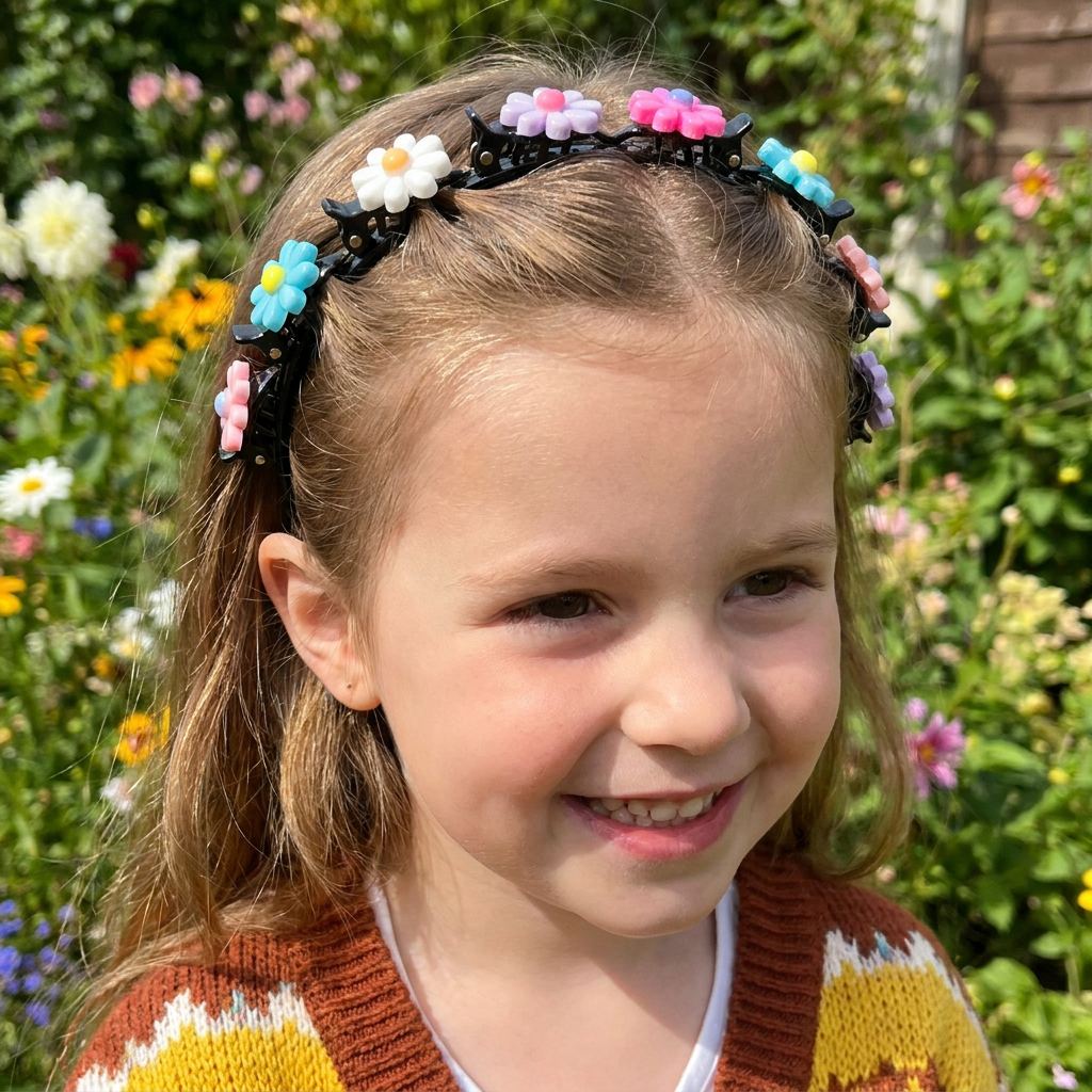 Cute Hair Clips & Bands for Girls with Flower, Strawberry & Rainbow Charms