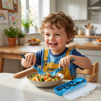 3-Piece Construction Vehicle Kids’ Utensil Set with Spoon, Fork & Travel Case