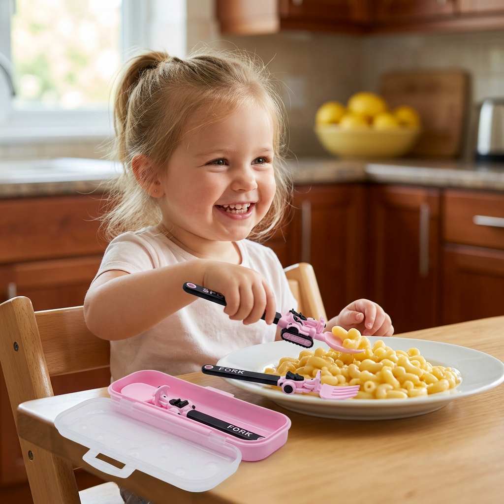 3-Piece Construction Vehicle Kids’ Utensil Set with Spoon, Fork & Travel Case