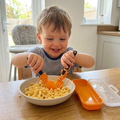 3-Piece Construction Vehicle Kids’ Utensil Set with Spoon, Fork & Travel Case