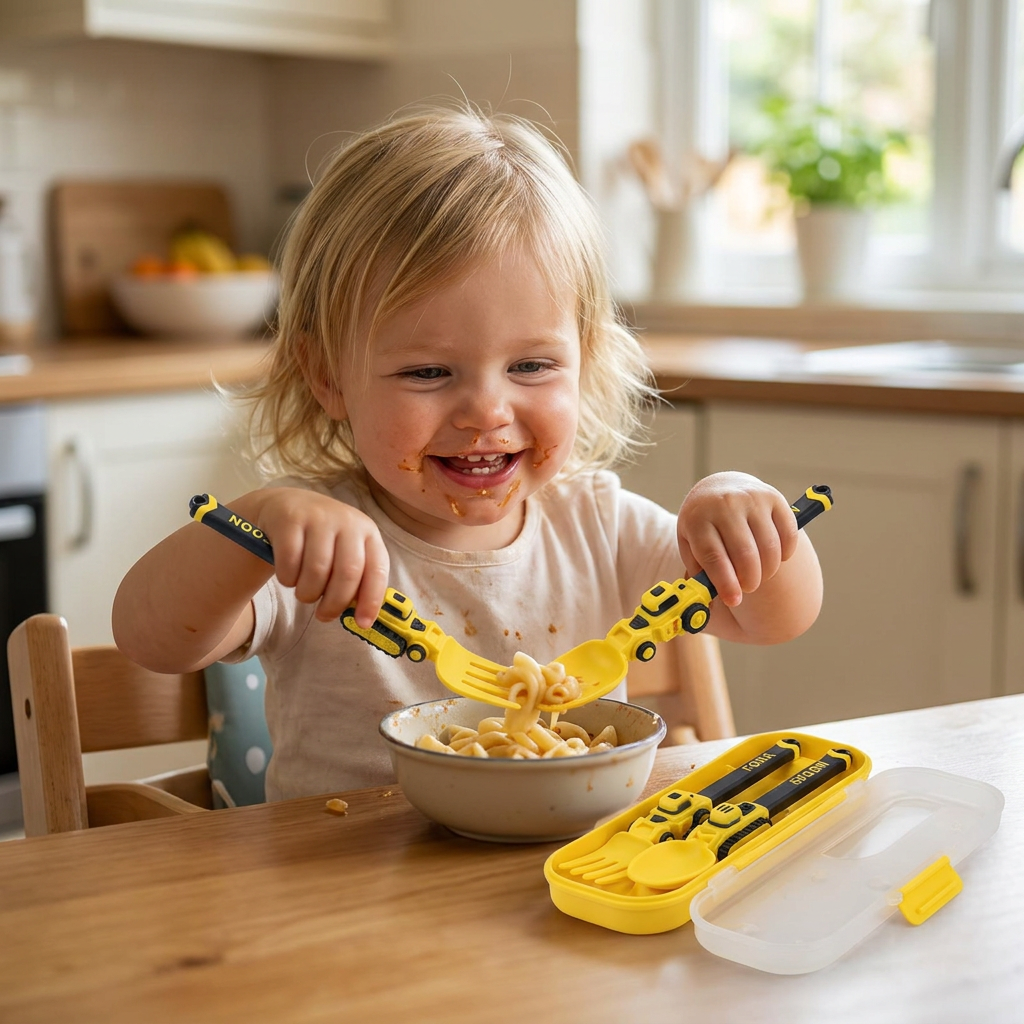 3-Piece Construction Vehicle Kids’ Utensil Set with Spoon, Fork & Travel Case
