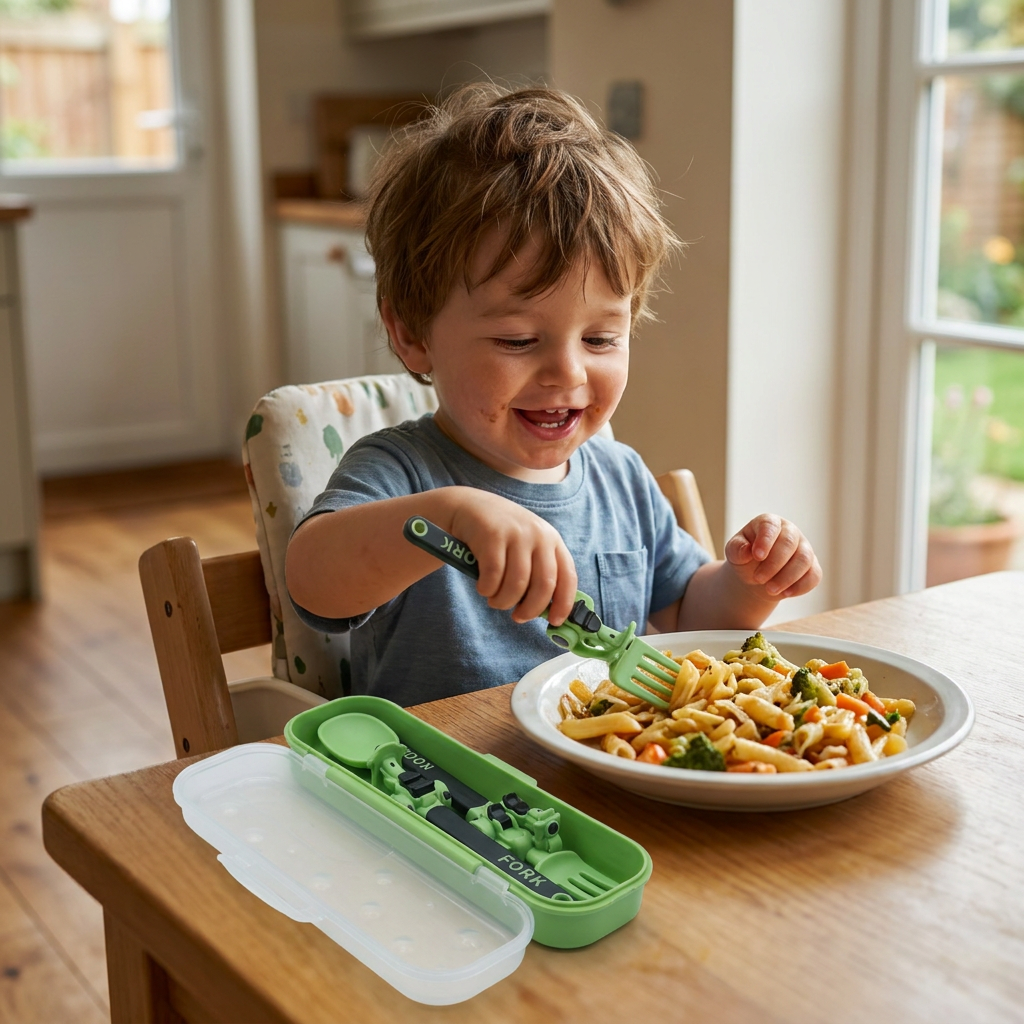 3-Piece Construction Vehicle Kids’ Utensil Set with Spoon, Fork & Travel Case