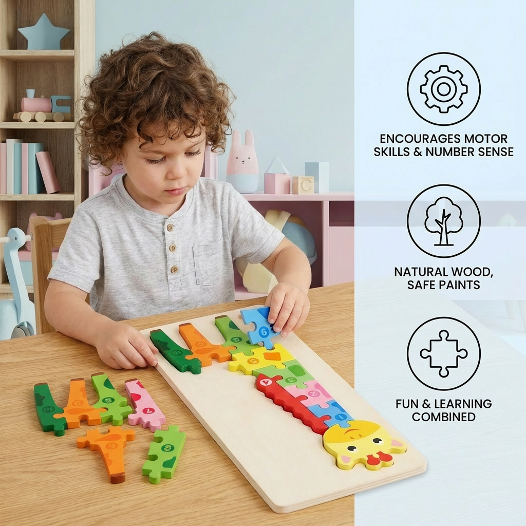 Wooden Puzzle Set for Kids – Number & Animal Learning Jigsaw Toy