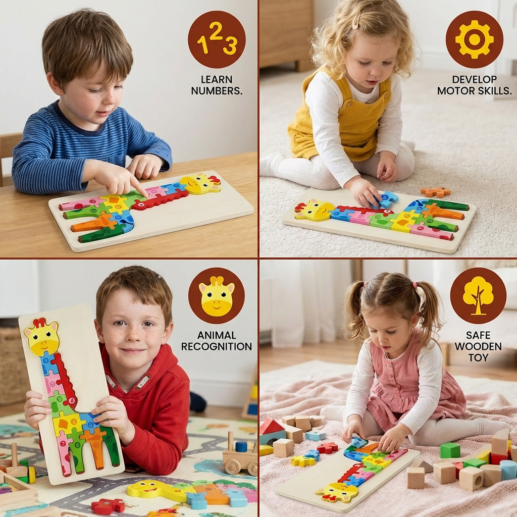 Wooden Puzzle Set for Kids – Number & Animal Learning Jigsaw Toy