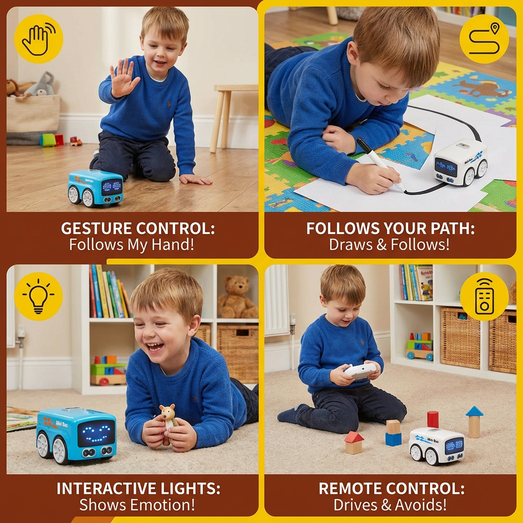 Smart RC Mini Bus Toy – Gesture Control Light-Up Cartoon Car for Kids