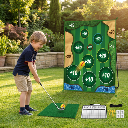 2in1 Golf Training & Play Set – Indoor & Outdoor Swing Mat with Target Wall & Club