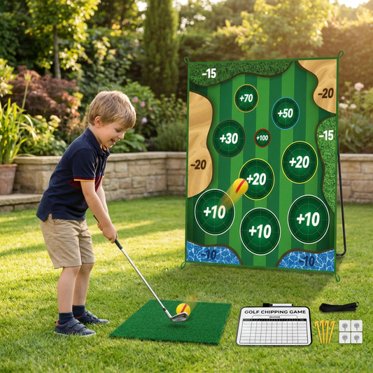 2in1 Golf Training & Play Set – Indoor & Outdoor Swing Mat with Target Wall & Club