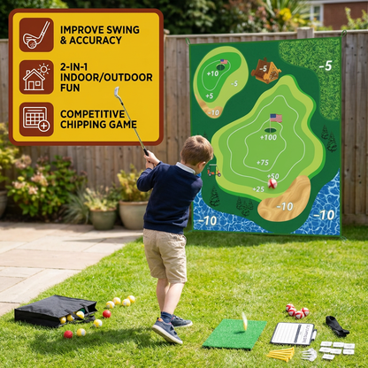 2in1 Golf Training & Play Set – Indoor & Outdoor Swing Mat with Target Wall & Club