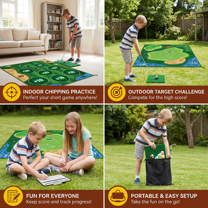 2in1 Golf Training & Play Set – Indoor & Outdoor Swing Mat with Target Wall & Club
