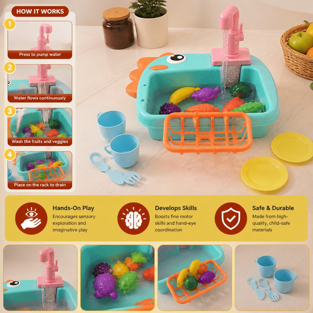 Kids Pretend Play Sink Toy with Running Tap and Dino Design