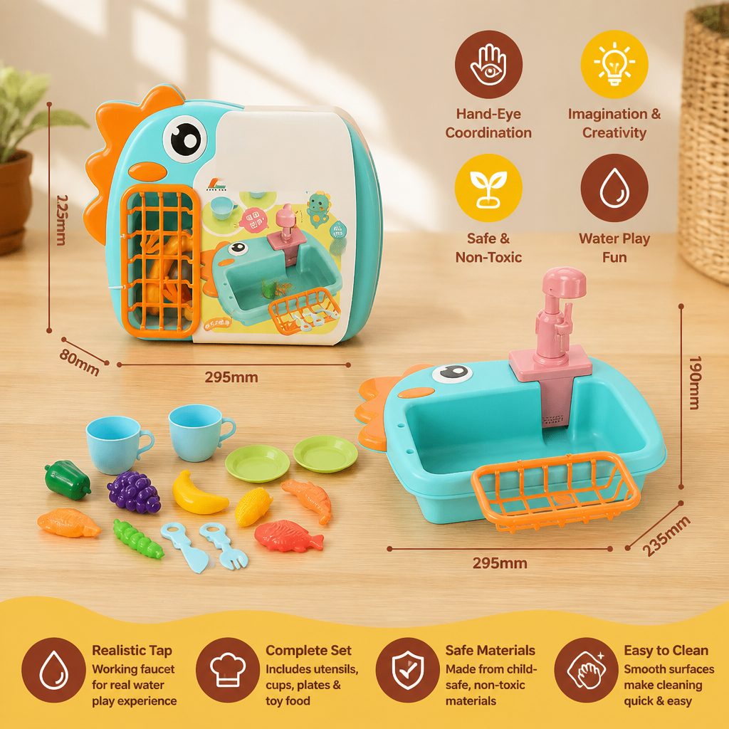 Kids Pretend Play Sink Toy with Running Tap and Dino Design
