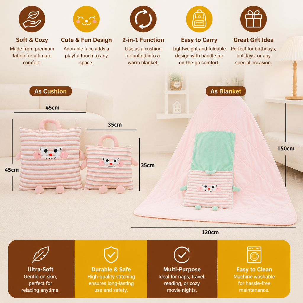 2-in-1 Cushion and Blanket with Cute Design