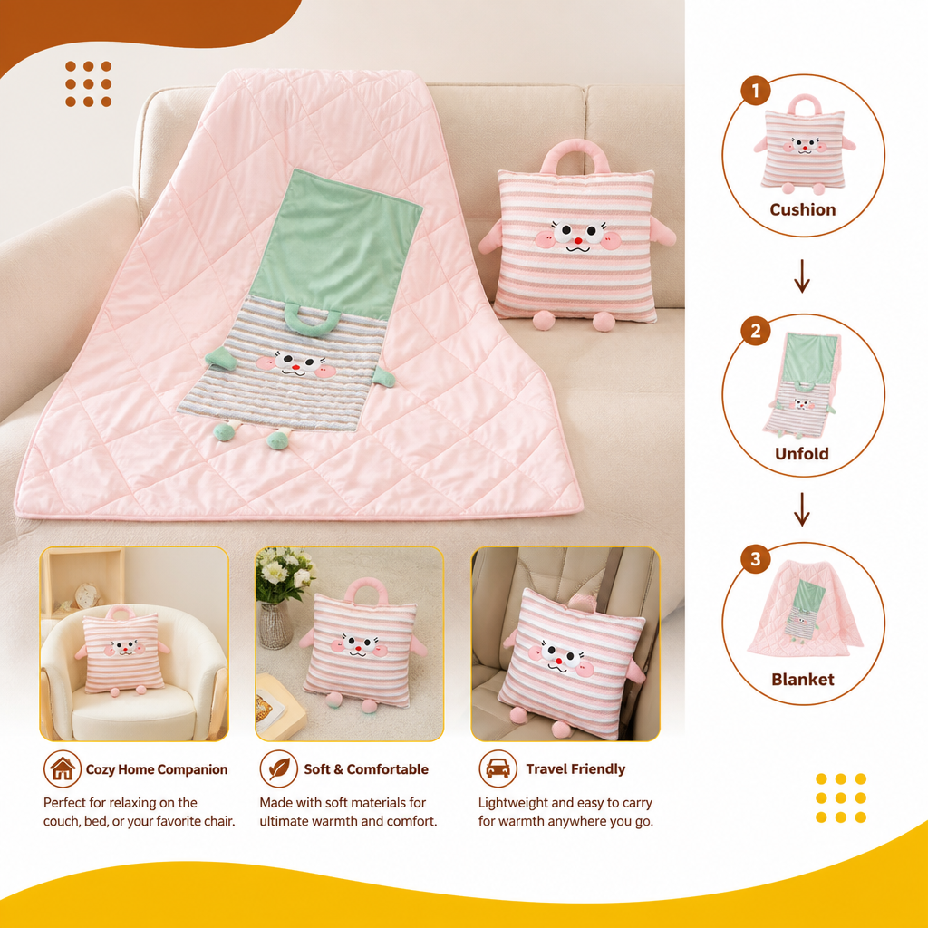 2-in-1 Cushion and Blanket with Cute Design