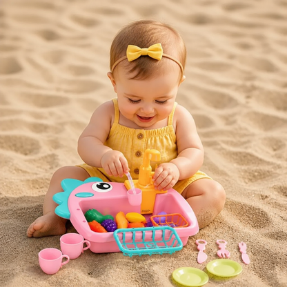 Kids Pretend Play Sink Toy with Running Tap and Dino Design