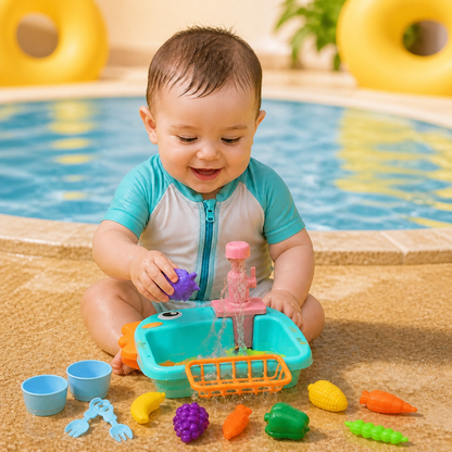 Kids Pretend Play Sink Toy with Running Tap and Dino Design