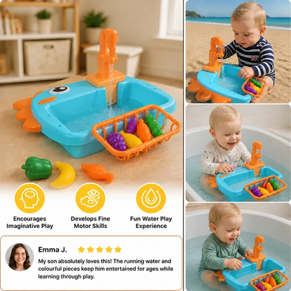 Kids Pretend Play Sink Toy with Running Tap and Dino Design