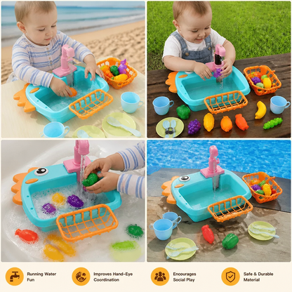 Kids Pretend Play Sink Toy with Running Tap and Dino Design