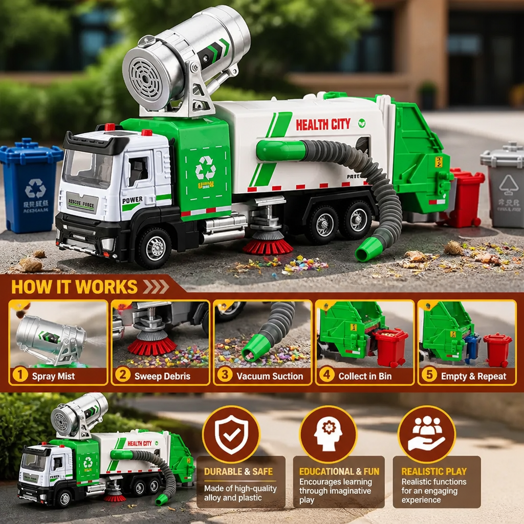 Die-Cast Street Sweeper Toy Truck with Vacuum Hose & Mist Spray