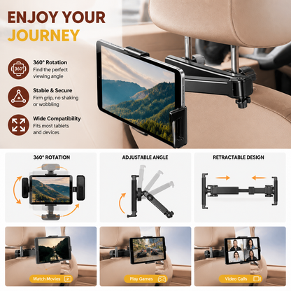 360° Rotating Car Headrest Tablet Holder – Back Seat Mount for Tablets