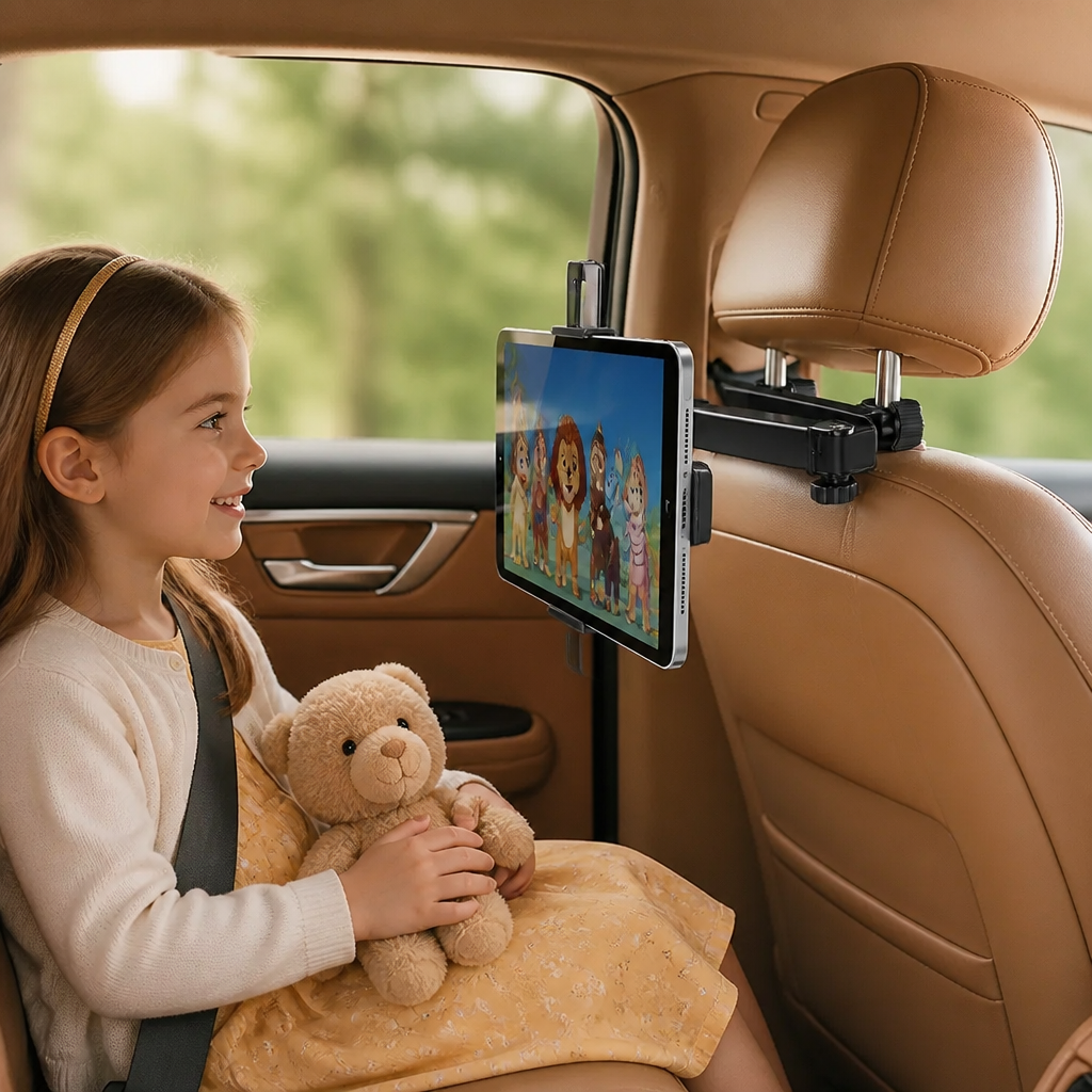 360° Rotating Car Headrest Tablet Holder – Back Seat Mount for Tablets