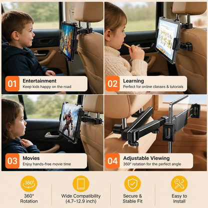 360° Rotating Car Headrest Tablet Holder – Back Seat Mount for Tablets
