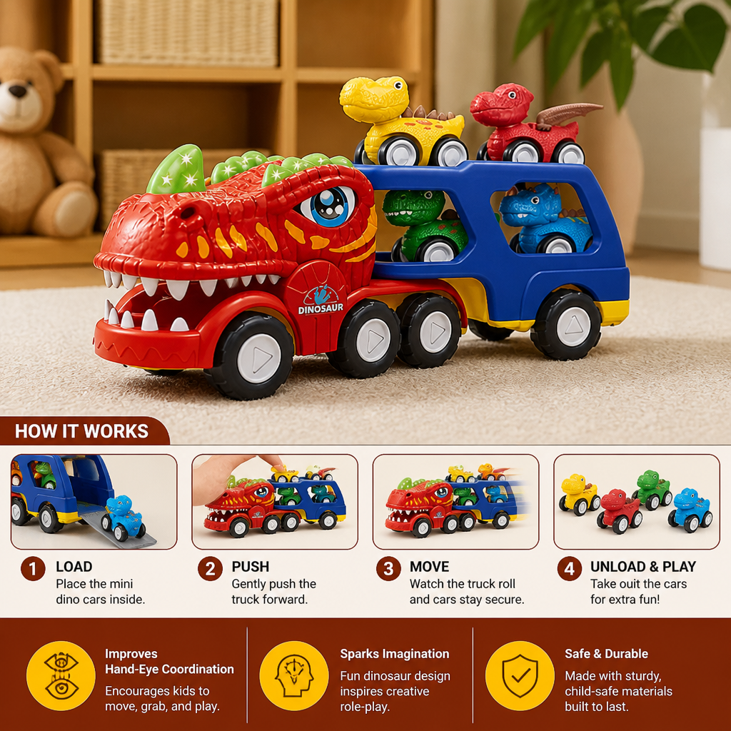 Dinosaur Transport Truck Toy Set with Mini Dino Cars