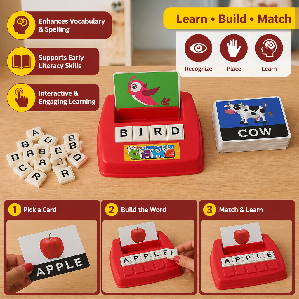 Interactive Spelling & Word Matching Game – Preschool Literacy Learning Toy with Picture Cards & Letter Tiles