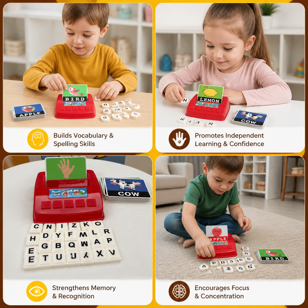 Interactive Spelling & Word Matching Game – Preschool Literacy Learning Toy with Picture Cards & Letter Tiles