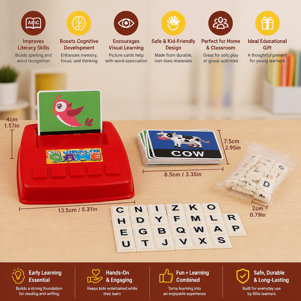 Interactive Spelling & Word Matching Game – Preschool Literacy Learning Toy with Picture Cards & Letter Tiles