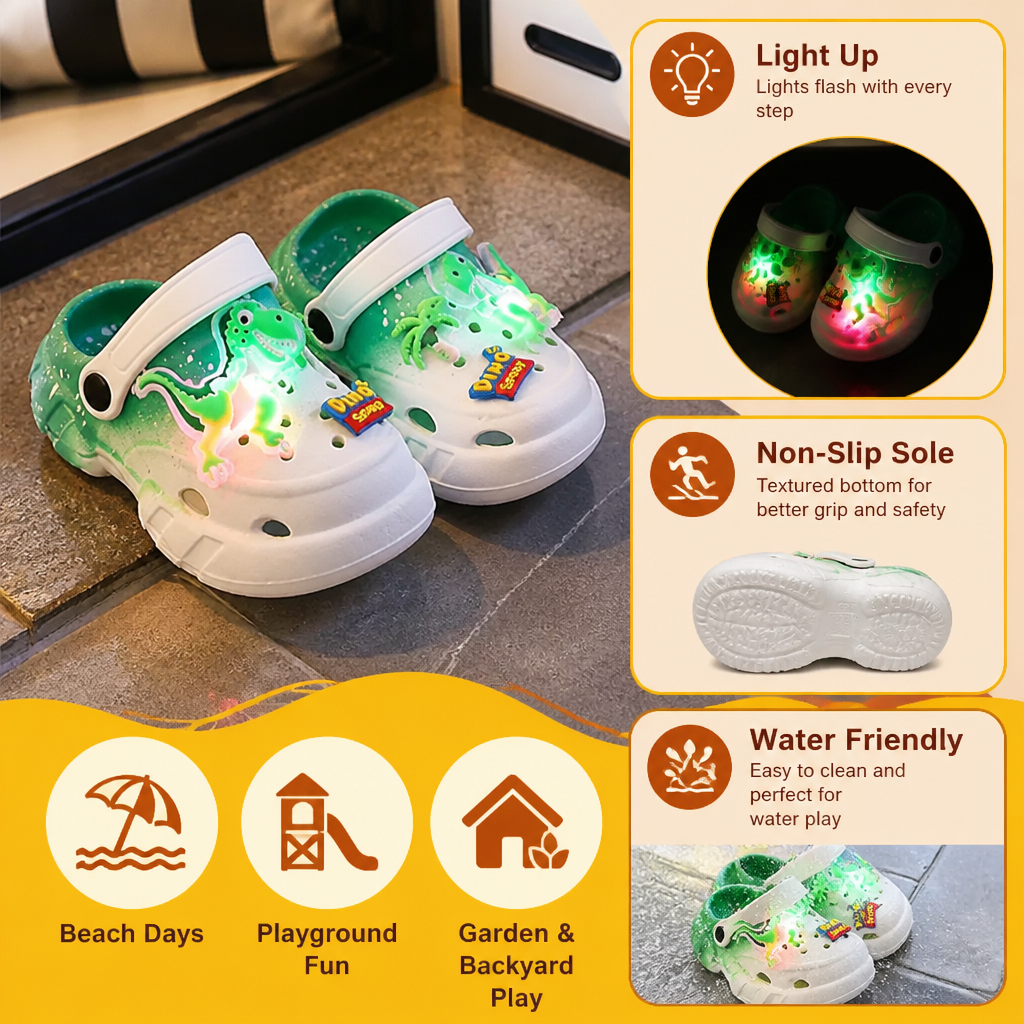 Kids’ LED Dinosaur Clogs – Light-Up Non-Slip Summer Garden & Beach Shoes