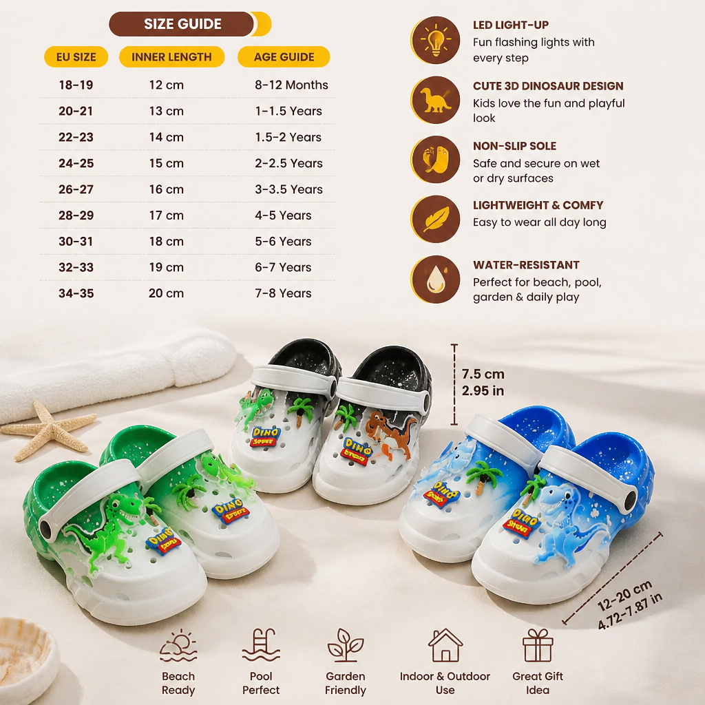 Kids’ LED Dinosaur Clogs – Light-Up Non-Slip Summer Garden & Beach Shoes